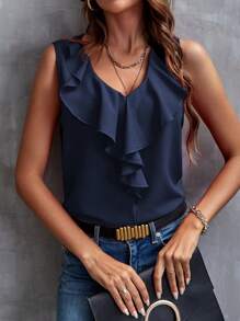 SHEIN Clasi Áo kiểu nữ không tay Ruffle Hem màu trơn trong kỳ nghỉ hè - Màu xanh hải quân - Xem 6