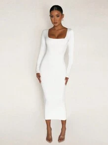 XLLAIS Solid Square Neck Long Sleeve Bodycon White Dress - White - View 4