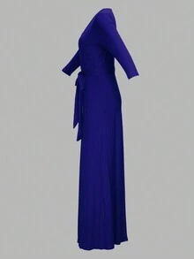 女士多色拼接连衣裙，深V领和收腰设计，优雅大方，适合外出就餐、购物等各种场合。 - 寶藍色 - 查看 8