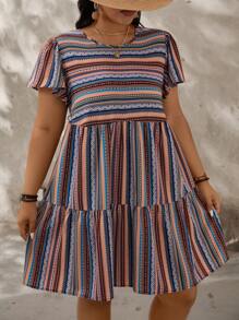 SHEIN LUNE Plus Size Women's Summer Round Neck Short Sleeve Colorful Striped Ruffle Sleeve A-Line Dress,Beach Dress Sundress,Holiday Outfits Boho - Multicolor - View 3