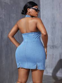 SHEIN SXY Robe cintrée en denim stretch grande taille - Jean clair - Voir 4