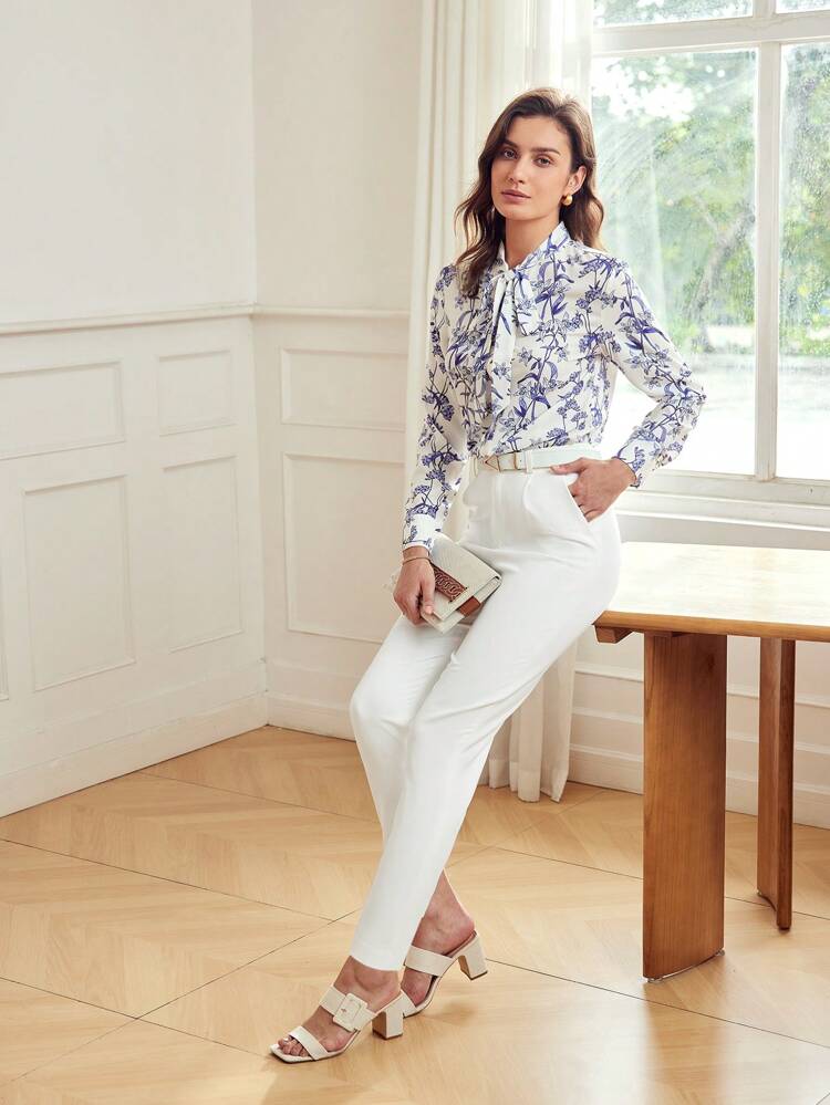 MOTF Classy ALLOVER FLORAL PRINT TIE NECK SHIRT