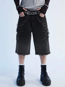 Manfinity Denimwave Y2K Vintage Streetwear 男式黑色不对称牛仔拼布短裤 JORTS - 黑色 - 查看 1