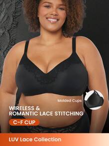 LUVLETTE Plus Black Sexy Lingerie Wireless V-Neck Push-Up Lace Elagance Bra Comfortable Must-Haves - Black - View 2
