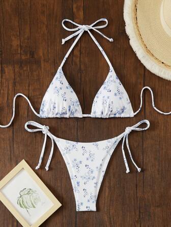 Swim Mod Damen Sommer Strand Ditsy blumiges Neckholder Sexy Bikini-Set, 2 Stücke, zufälliges Muster, integrierter Muster