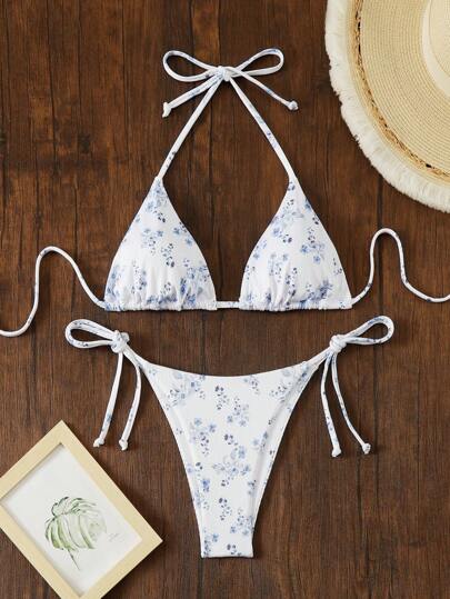 Swim Mod Women's Summer Beach Ditsy Floral Halter Neck Tie Sexy Bikini Set, 2pcs, Random Print, Integrated Print