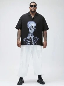 Manfinity VCAY Manfinity NXTstreet Men's Plus Size Woven Printed Loose Short Sleeve Shirt, Suitable For Summer And Daily Wear - Black - View 3