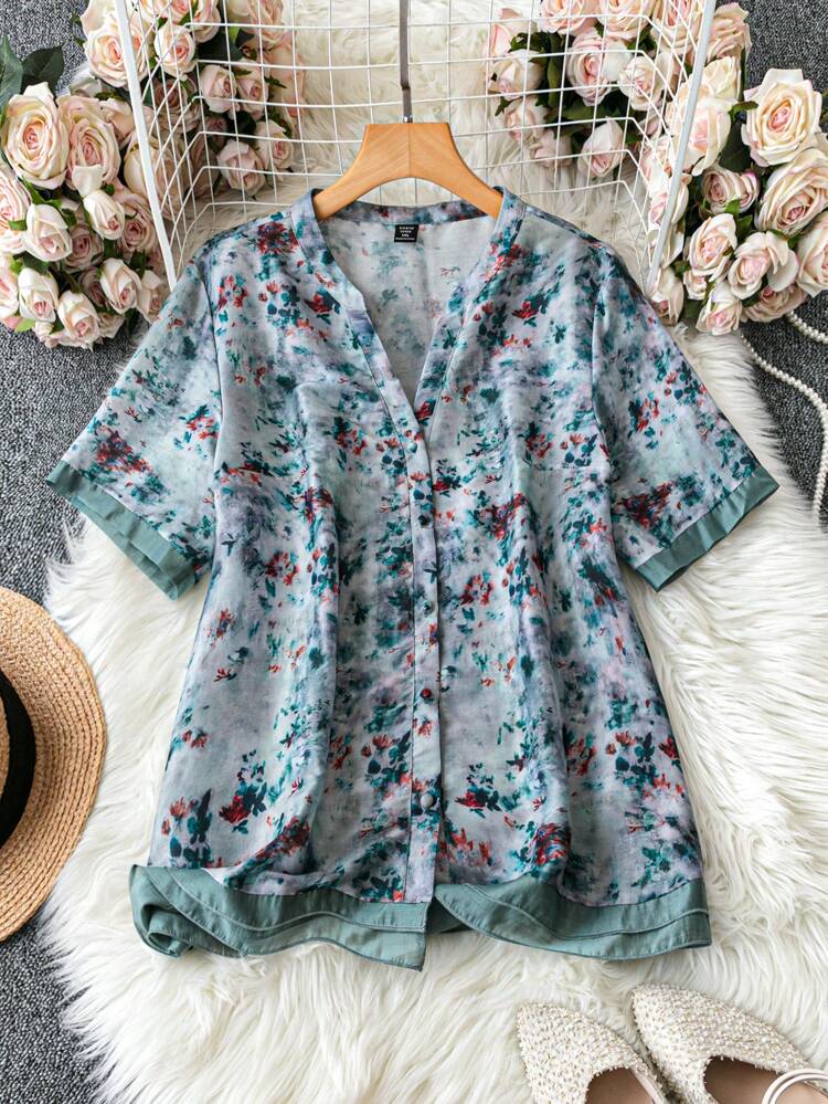 プラスサイズ タイダイ バカンス & カジュアル シャツ、ノッチネックライン付き、リネン風生地