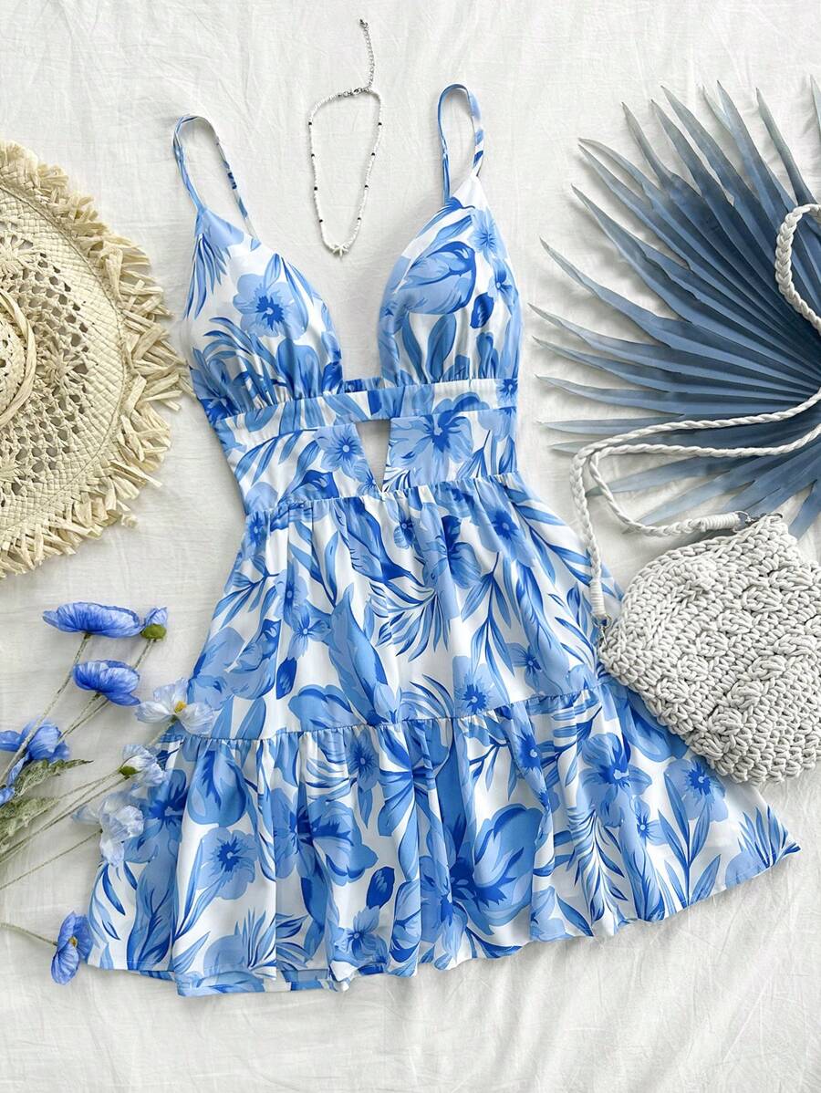 Soleia Váy chữ A nơ hồng WYWH dành cho nữ đi nghỉ mát có viền bèo nhún, váy mùa hè, quần áo mùa xuân - Xanh và trắng - Xem 1