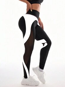 Easithlete 拼色透明網眼拼接運動打底褲 - 黑與白 - 查看 3