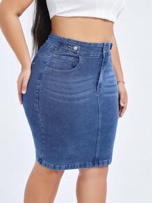 Flexra Plus Size Solid Stretchy Knit Color Denim Bodycon Skirt With Pockets, Summer Apple Bottom Jeans