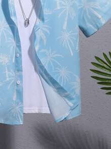 SHEIN 男童休闲度假椰树印花 Polo 领开襟短袖梭织衬衫 - 淺藍色 - 查看 6