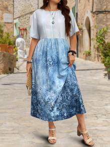 EMERY ROSE Plus Size Summer Contrast Floral Short Sleeve Dress