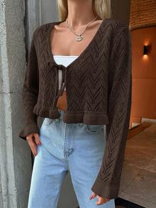 EURMUSE Tie Front Ruffle Hem Pointelle Knit Crop Cardigan - Black - View 5