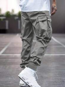 Men's Casual Drawstring Waist Flap Pocket Cargo Pants, For Fall