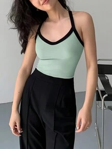 INAWLY 女款夏季修身拼色掛脖吊帶背心 - 紅色 - 查看 3