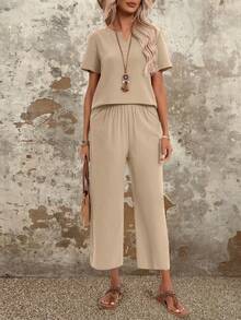 EMERY ROSE Conjunto informal de verano para mujer de 2 piezas con blusa de manga corta con cuello en V con muesca y pantalones de pierna ancha de algodón - Caqui - Ver 5
