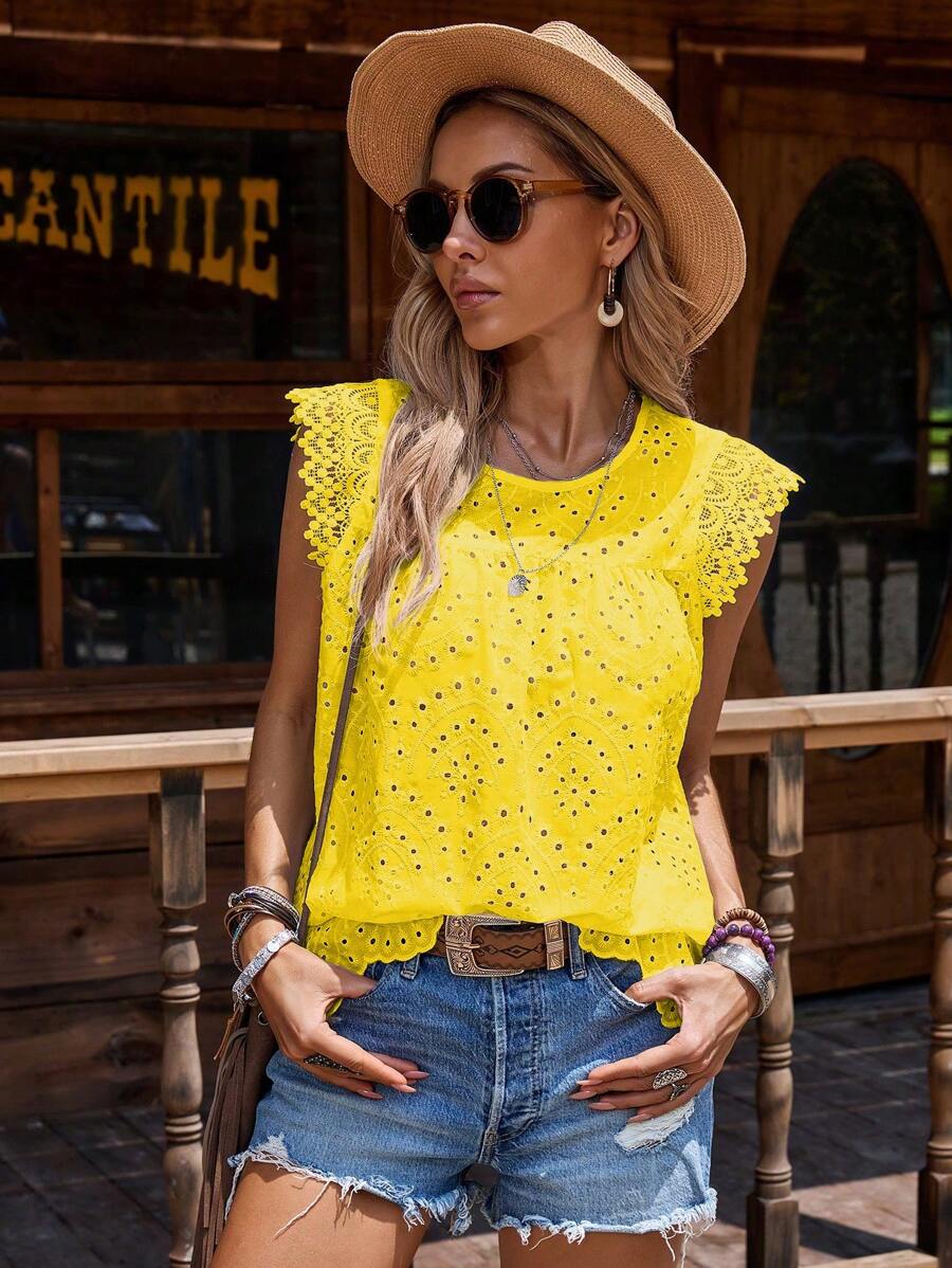 EMERY ROSE Women's Woven Embroidered Flutter Sleeves Lace Trim Blouse (Random Embroidery Pattern) - Yellow - View 1