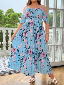 Flirla Plus Size Floral Print Pleated Spaghetti Strap Summer Holiday Casual Dress - Blue - View 6