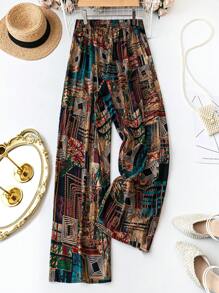 Breezaya Plus Size Allover Print Paper Bag Waist Loose Wide Leg Long Pants