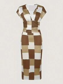 女款夏季V領格紋連身褲，帶露肩袖 - 彩色 - 查看 3