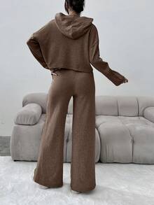 SHEIN PETITE Màu thuần Dệt kim áo có mũ Áo , Quần , Của phụ nữ Bộ - màu nâu - Xem 2