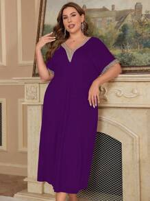 Plus Kích Thước Đồng Màu Ren Miếng Dán Cường Lực Cổ Chữ V Tay Ngắn Pyjama Đồ Ngủ Đầm Cho Mùa Hè, Áo Dài - Màu tím - Xem 7
