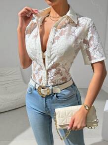 SHEIN Unity 女士浪漫花網紗短袖上衣 - 米色 - 查看 4