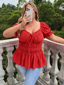 Flirla Plus Size Women's Vacation Solid Color Sweetheart Neckline Pleated Front Tie-Up Shirt With Frill Trim - Red - View 6