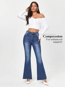 SHEIN EZwear Jeans A Zampa Da Donna Con Tasche, Perfetti Per Il Lavoro Quotidiano E Per I Pendolari - Blu - Visualizzare 3