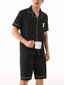 Conjunto de ropa de hogar para hombre que incluye camisa de manga corta con bloques de color y shorts - Negro - Ver 3