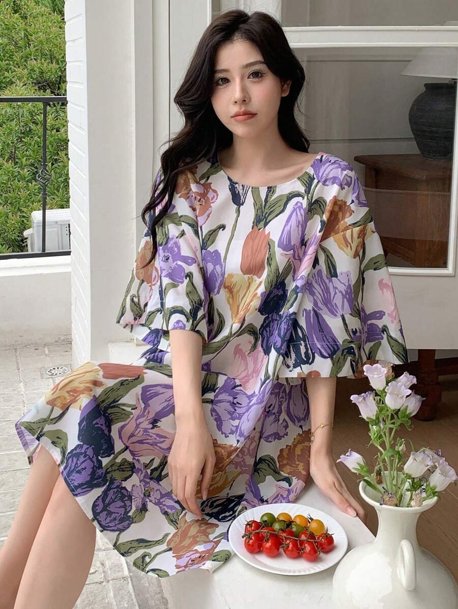 DAZY Loose Sleeping Dress With Floral Pattern Print Pajama - Purple - View 1