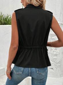 SHEIN LUNE Women's Summer Casual Solid Color Drawstring Waistcoat, Sleeveless Jacket