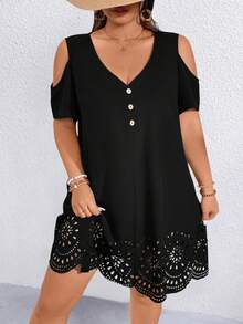 SHEIN Holidaya Plus Size Off Shoulder V-Neck Casual Summer Holiday Dress - Black - View 6