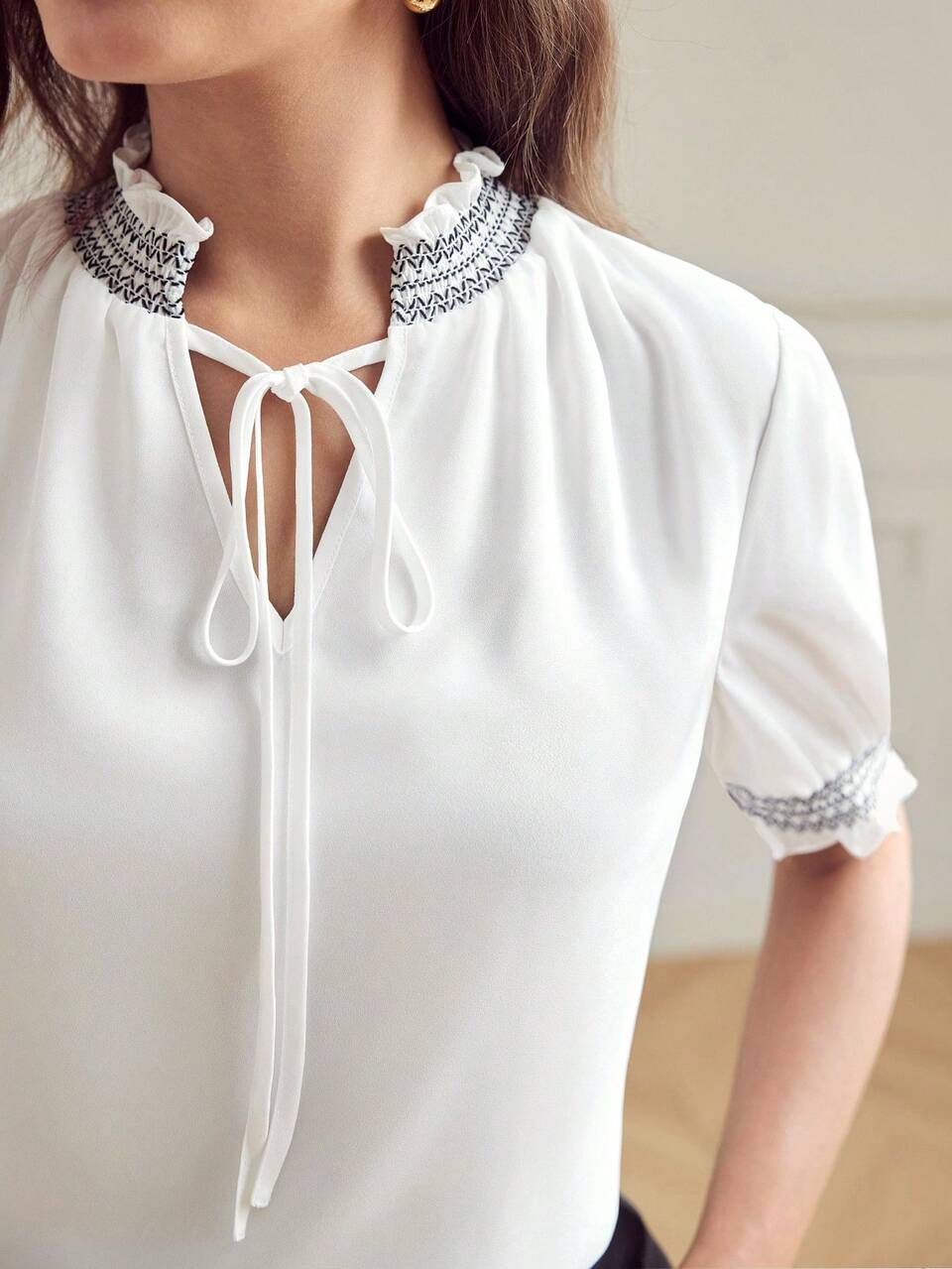 MOTF Classy SHIRRED FRILL TRIM TIE NECK PUFF SLEEVE BLOUSE
