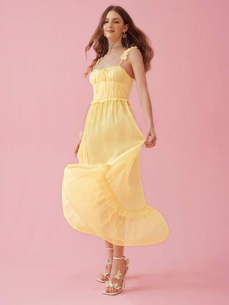 Women's Summer Solid Color Elegant Spaghetti Strap Long Mesh Contrast Dress