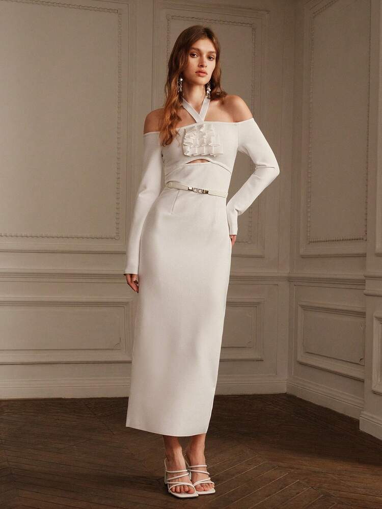 White Elegant Off-Shoulder Lace Trimmed Bodycon Dress