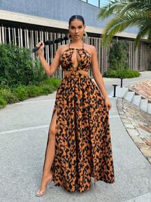 SHEIN SXY Vestido de tirantes para mujer con estampado total, cuello halter, aberturas laterales y espalda abierta, estilo sexy para la playa