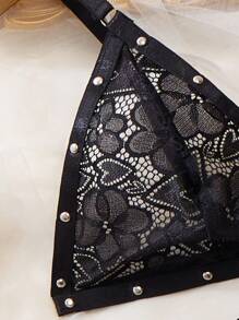 SHEIN Bộ đồ lót hình tam giác và áo ngực có dây buộc màu trơn dành cho nữ - màu đen - Xem 5