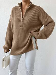 EURMUSE Của phụ nữ Nguyên chất Màu sắc Lầy lội Khe nứt bên Giải trí Áo len - Lạc đà - Xem 3