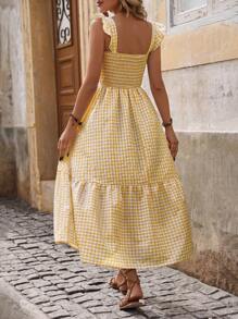 Breezaya 女士格子印花露背荷叶边下摆度假连衣裙（随机印花）超长度假海滩装 - 黃色 - 查看 2