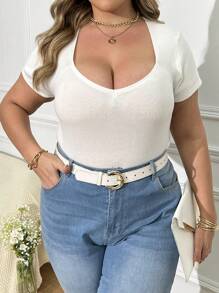 SHEIN Clasi Camiseta de punto de manga corta con cuello de corazón para mujer de talla grande en unicolor para verano - Blanco - Ver 1