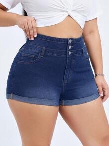 SHEIN EZwear Plus Size Women's Fashionable Denim Stretchy High Waist Design Sexy Folded Hem Shorts - Blue - View 8