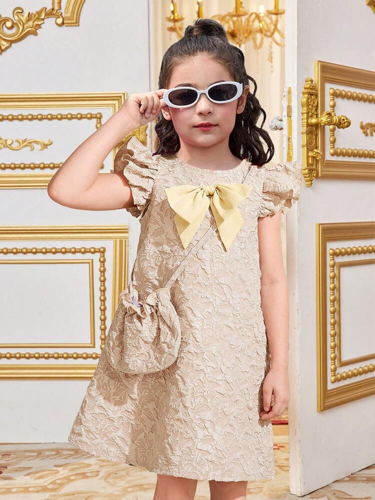 Young Girl Jacquard Bow Decorated Cap Sleeve Dress & Bag