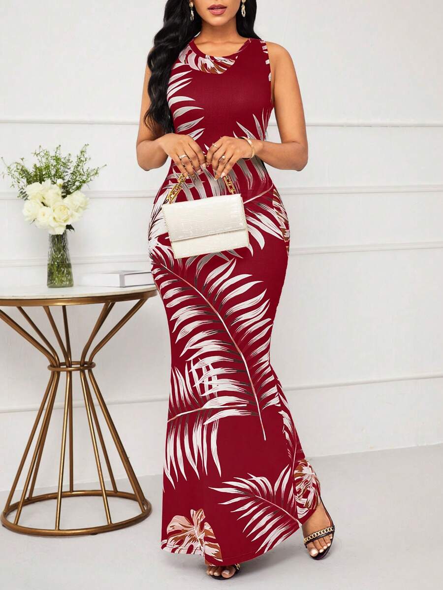 SHEIN Lady Christmas Party Holiday Plants Print Bodycon Dress - Burgundy - View 1