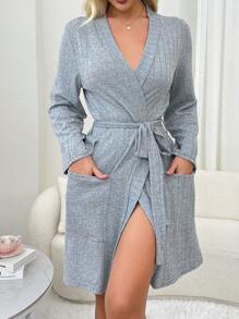 Women's Casual Light Grey Rib Knit V Neck Thigh Length Robe With Belt And Pockets Comfortable Loungewear Cozy And Elegant Details, For Fall Outfit