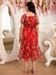 Tween Girl Elegant Floral Allover Print Waist-Cinching Puff Sleeve Dress, Summer - Red - View 2