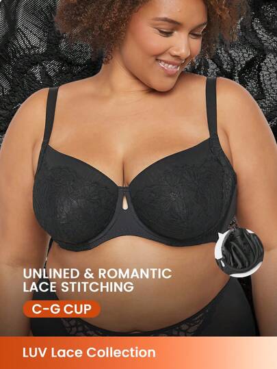 LUVLETTE Plus Black Sexy Lingerie Full Coverage Unline Push-Up Floral Lace Elegance Breezy Comfort Minimizer Bra