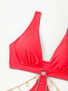 SHEIN Swim Women's Red Cut Out Chain Decor One-Piece Swimsuit, Summer Beach - Red - View 6