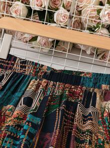 Breezaya Plus Size Allover Print Paper Bag Waist Loose Wide Leg Long Pants